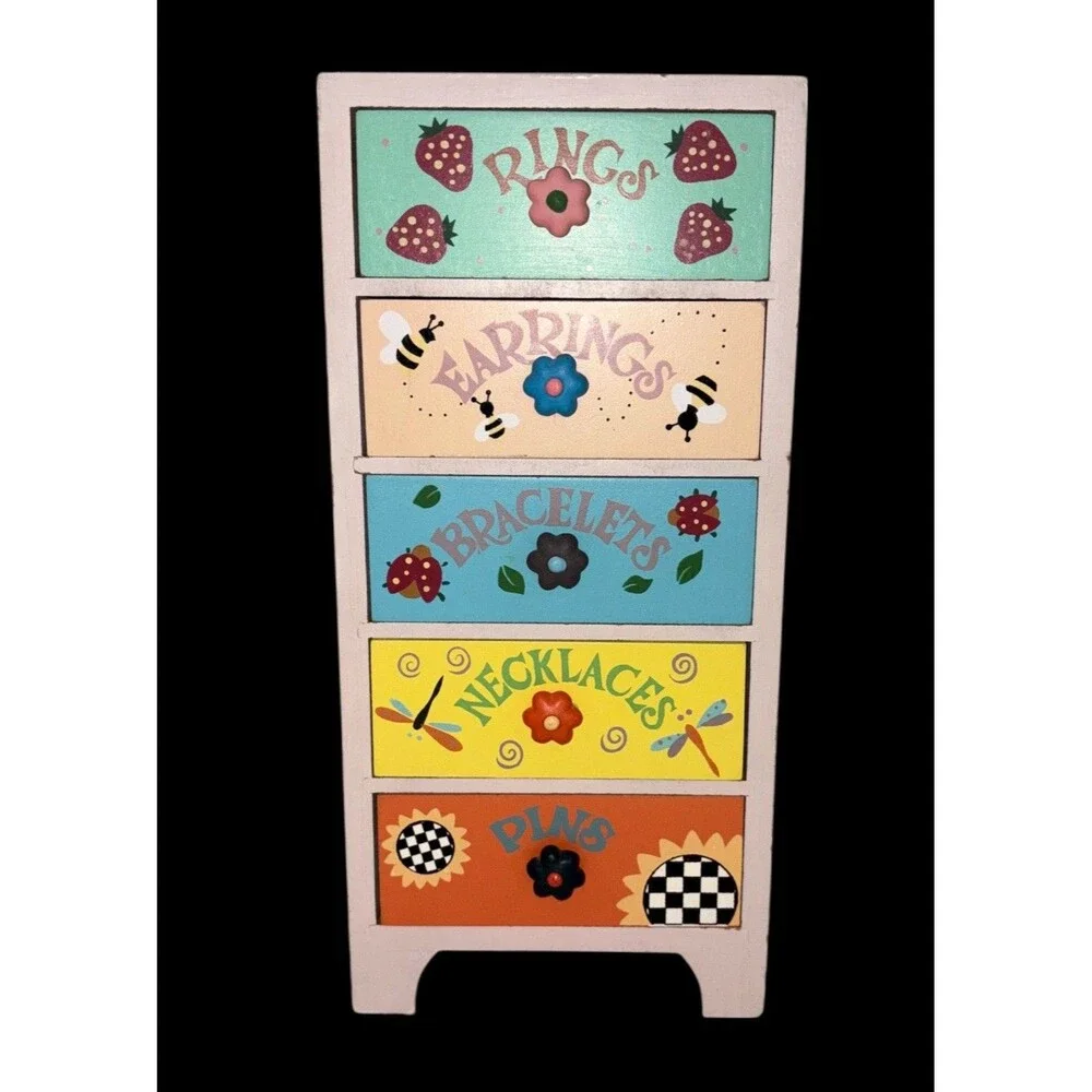 Vintage Y2K Wooden Mini Dresser Jewelry Box Kids Girls Hand Painted Trinket